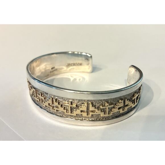 Navajo Signed Tommy Jackson Sterling , 14k Gold Overlay Design Cuff Bracelet 42g - Picture 2 of 14